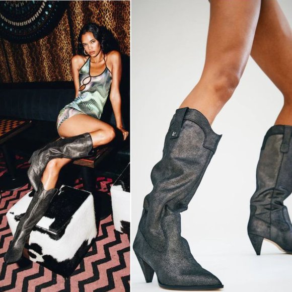 LARROUDE Louise Cowboy BOOTS Size 8 Shine Graphite Metallic Suede Leather $495 - Picture 1 of 15
